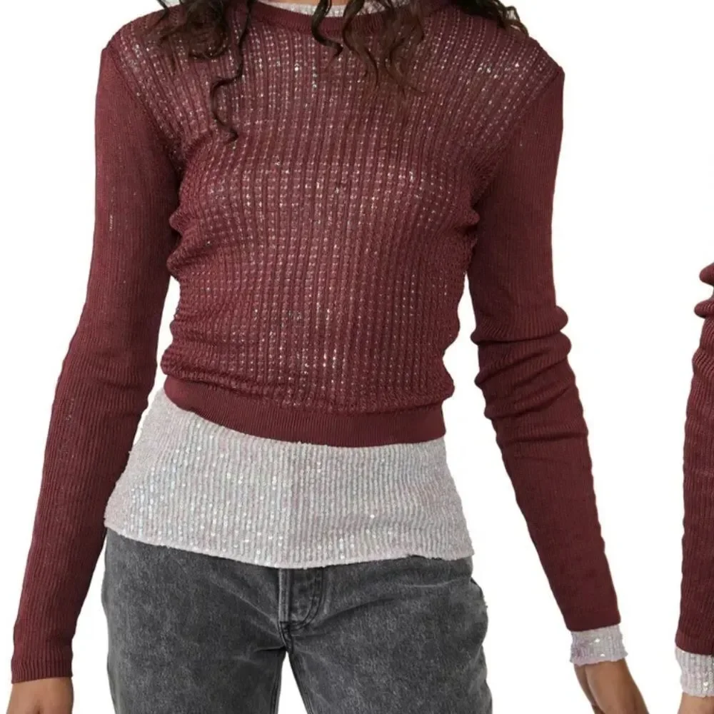 Free People H20 Crewneck Sweater in Raw Garnet BNWT